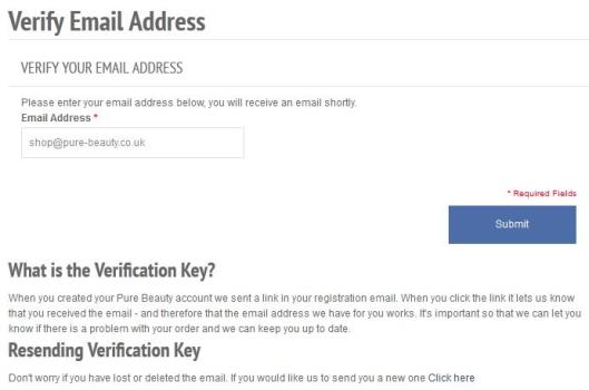 Verify Email Screen on Pure Beauty